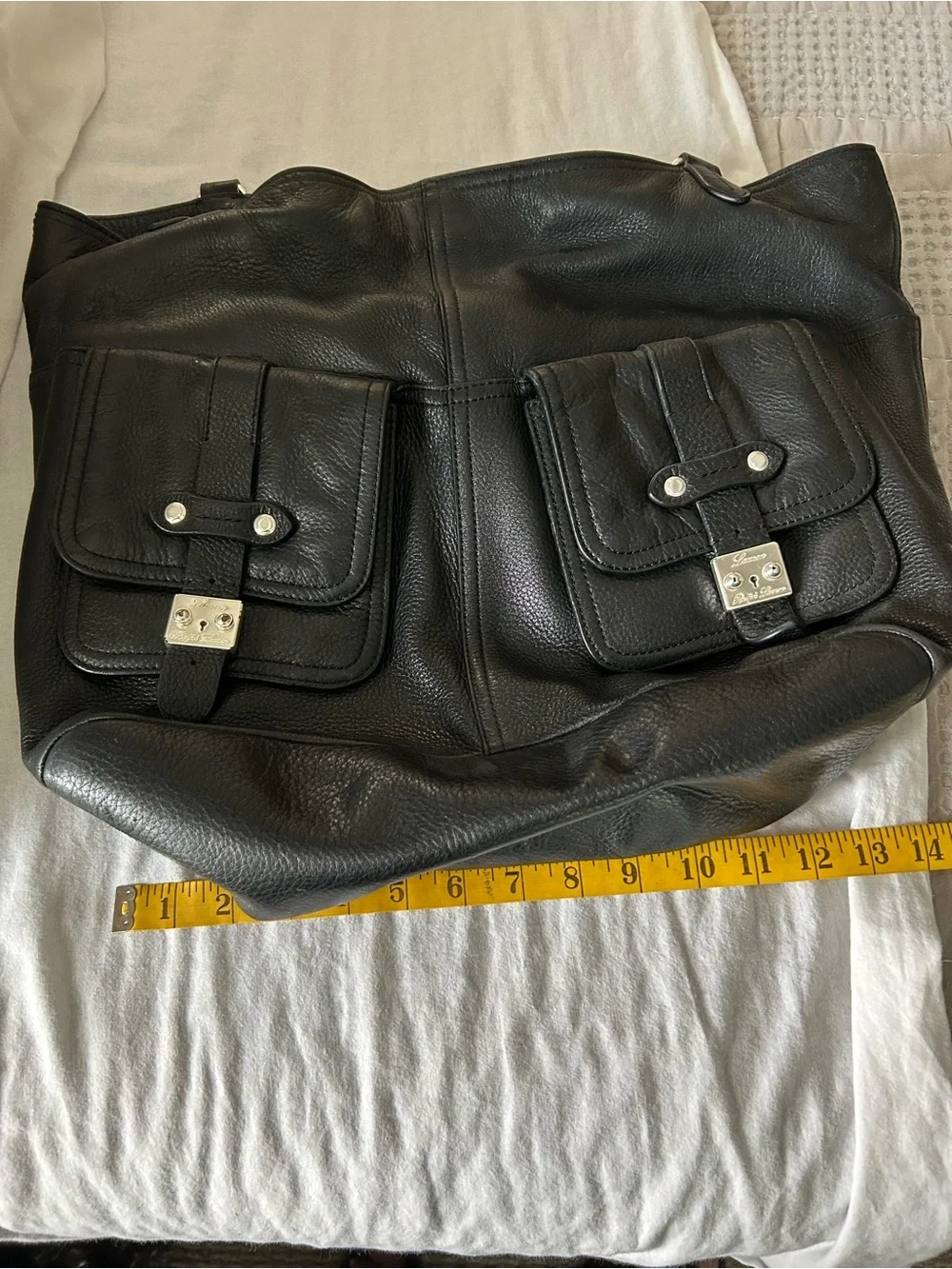 Ralph Lauren Black Leather Shoulder Tote Bag with Front Buckle Pockets